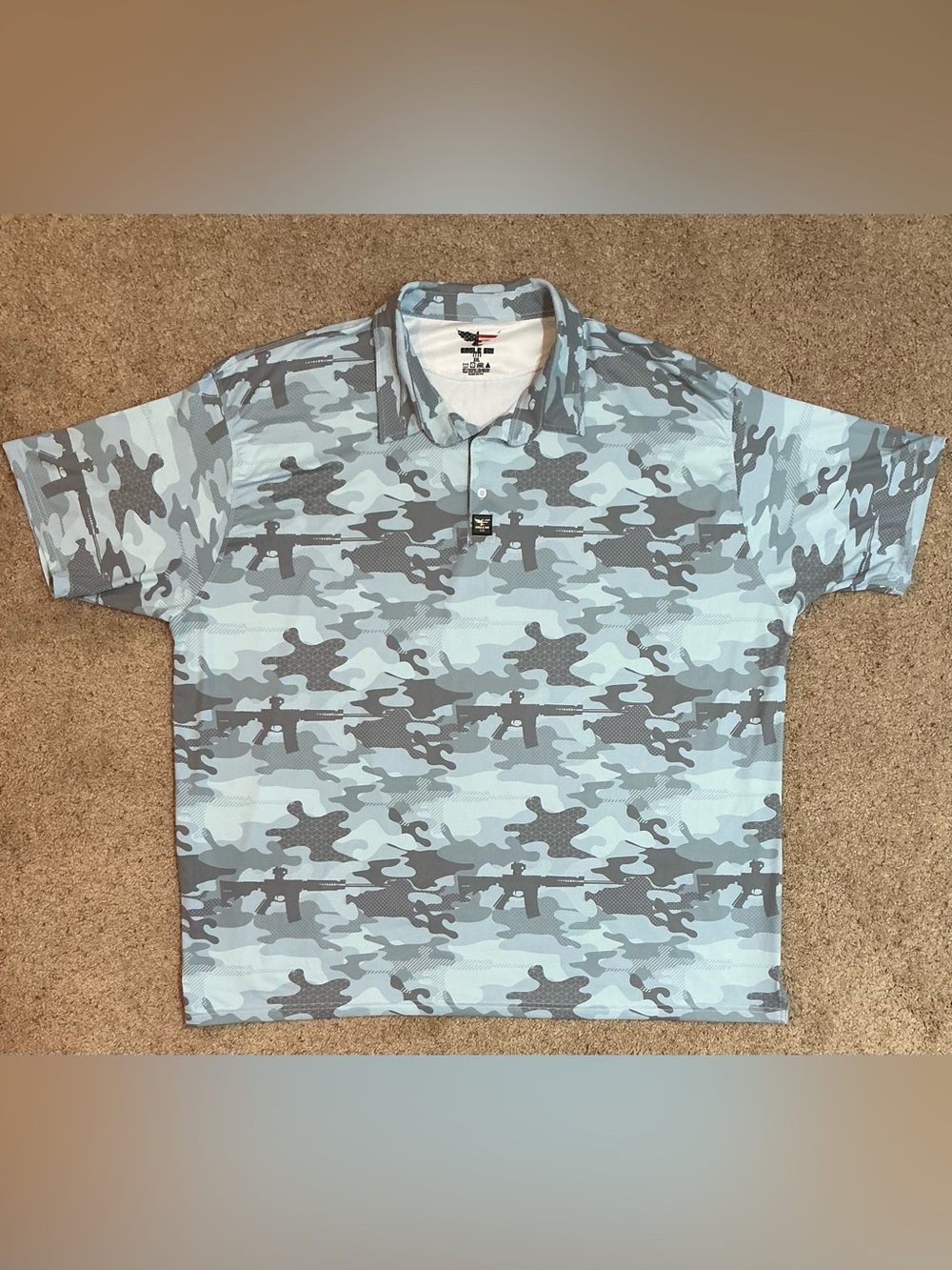 Eagle Six Gear Polo Shirt Mens 3XL Gray Camo Rifle Print Performance Stretch